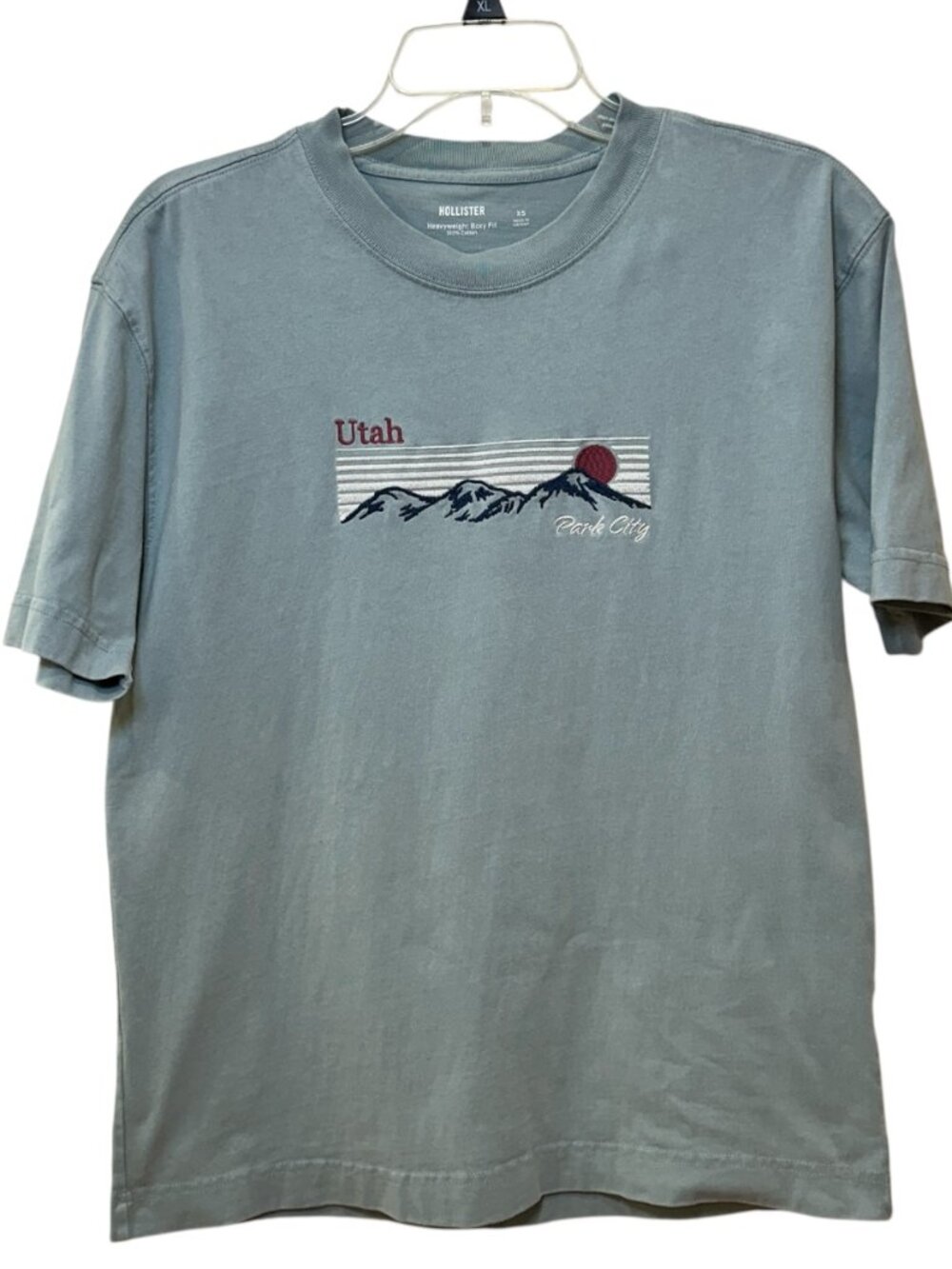 Hollister Heavyweight Boxy Fit T-Shirt Embroidered UTAH Faded Blue Green Gray XS